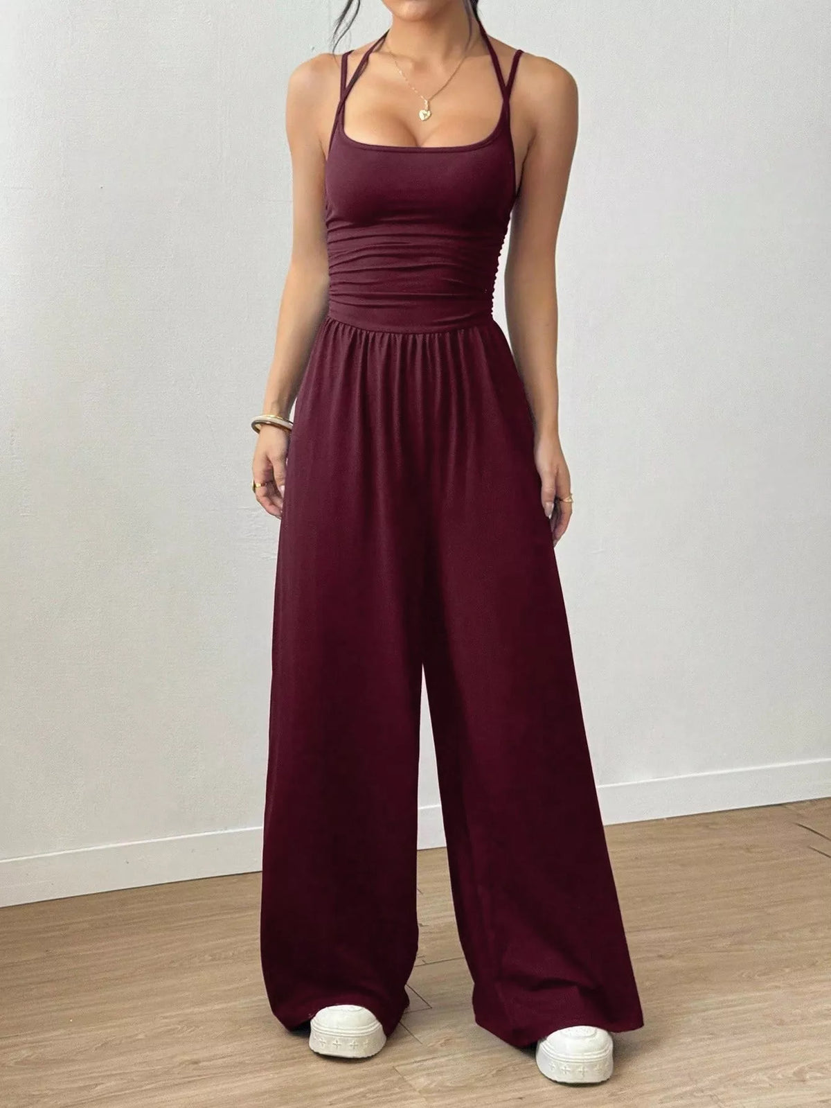 Women's spaghetti-strap wide-leg jumpsuit, burgundy front full-length view