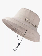 Khaki wide-brim sun hat with detachable black chin cord and toggle