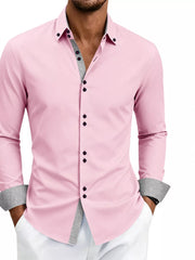 Model wearing pink shirt with contrasting patterned cuffs