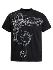 Black short-sleeve tee with oversized white swirling graphic across the front