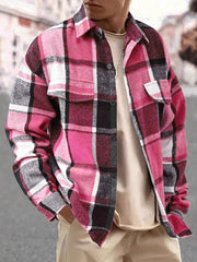 Close view of the dual chest pockets and plaid pattern