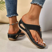 Black toe-post wedge sandals shown from the side with wedge soles