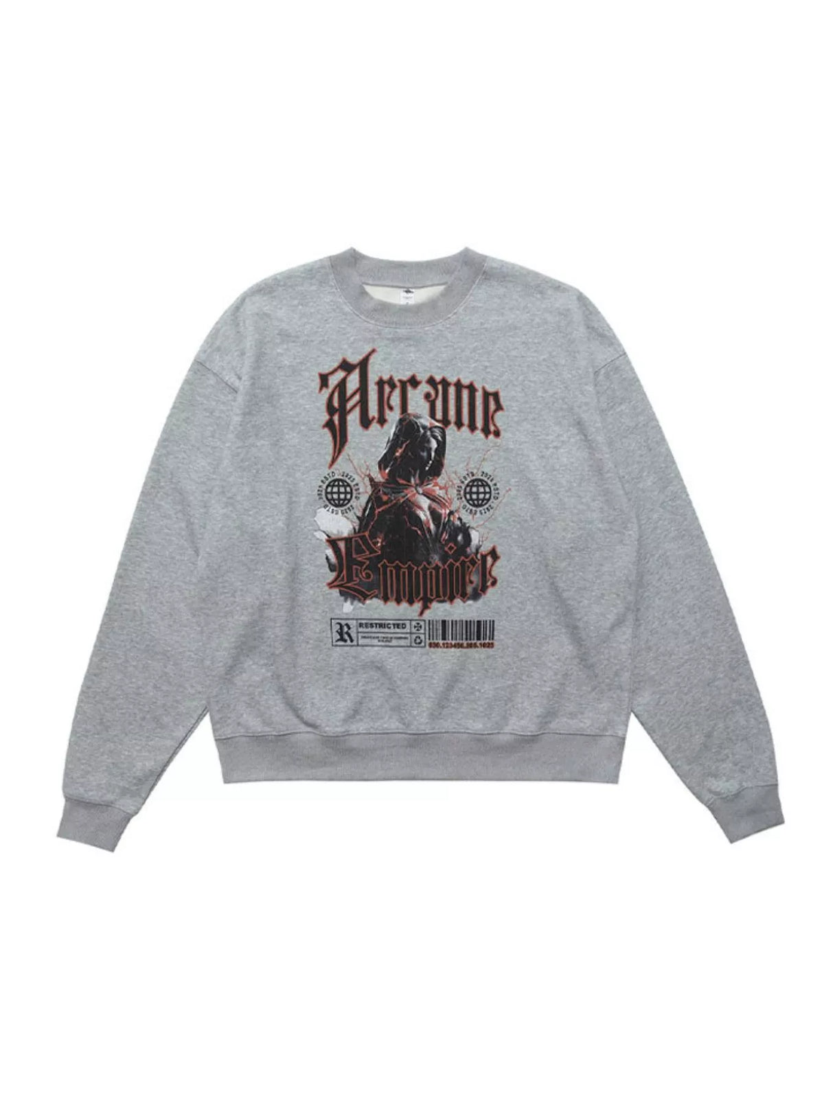 Gray sweatshirt shown flat with front graphic