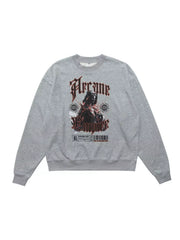 Gray sweatshirt shown flat with front graphic
