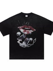 Black graphic short-sleeve T-shirt with illustrated mouth and chain design, front view