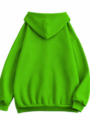 Back view of the bright green hoodie with large hood and ribbed hem