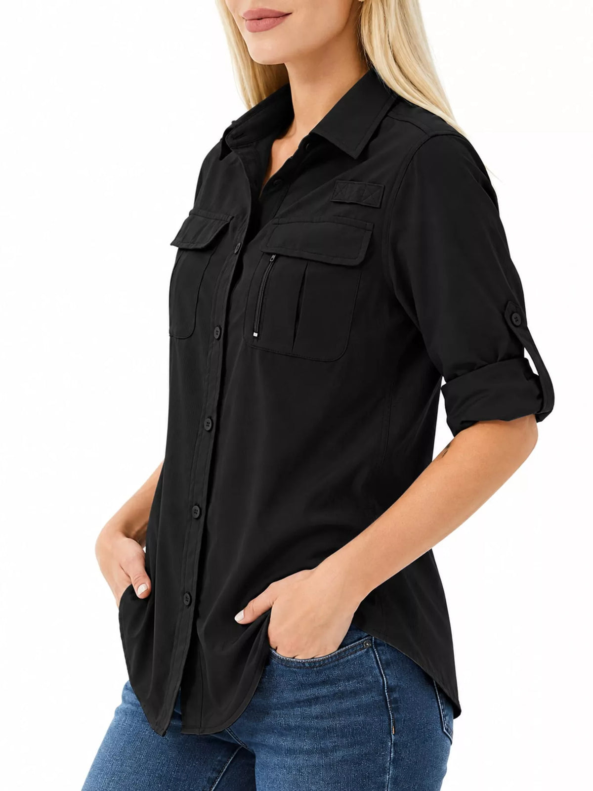 Back view of black button-down shirt with rolled sleeves
