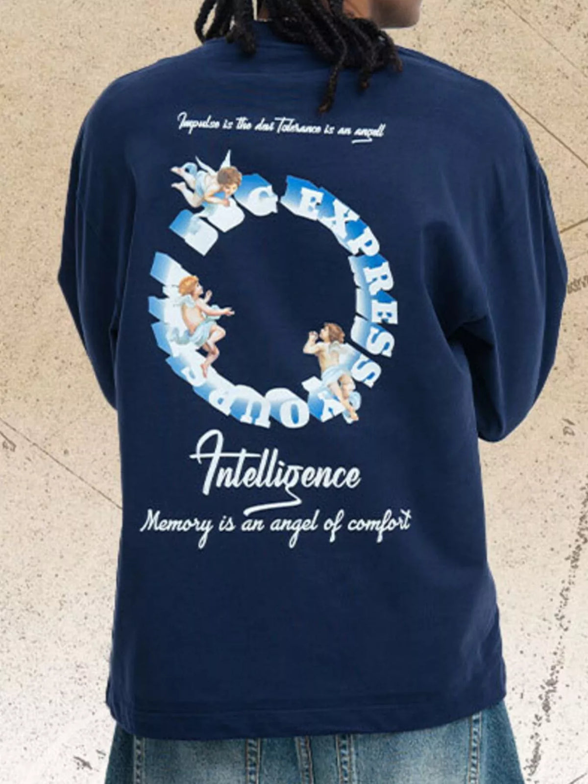 Navy long-sleeve T-shirt with circular floral and letter graphic across the back