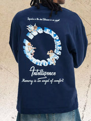 Navy long-sleeve T-shirt with circular floral and letter graphic across the back