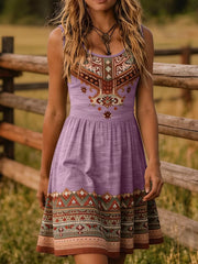 Lavender sleeveless dress with tribal-print bodice and hem