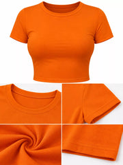Orange cropped crew-neck T-shirt with close-ups of the neckline, sleeve, fabric and hem