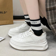 White platform sneakers worn with striped socks