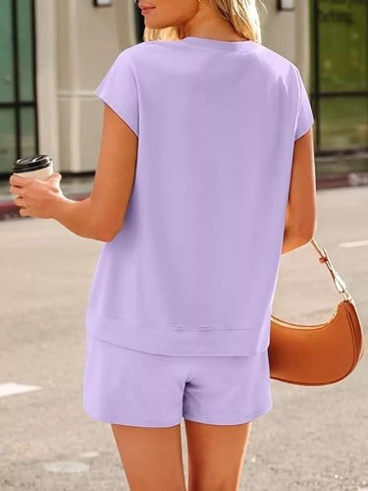 Back view of the lavender top and matching shorts.