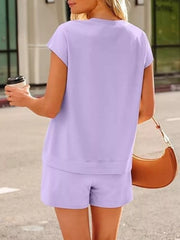 Back view of the lavender top and matching shorts.