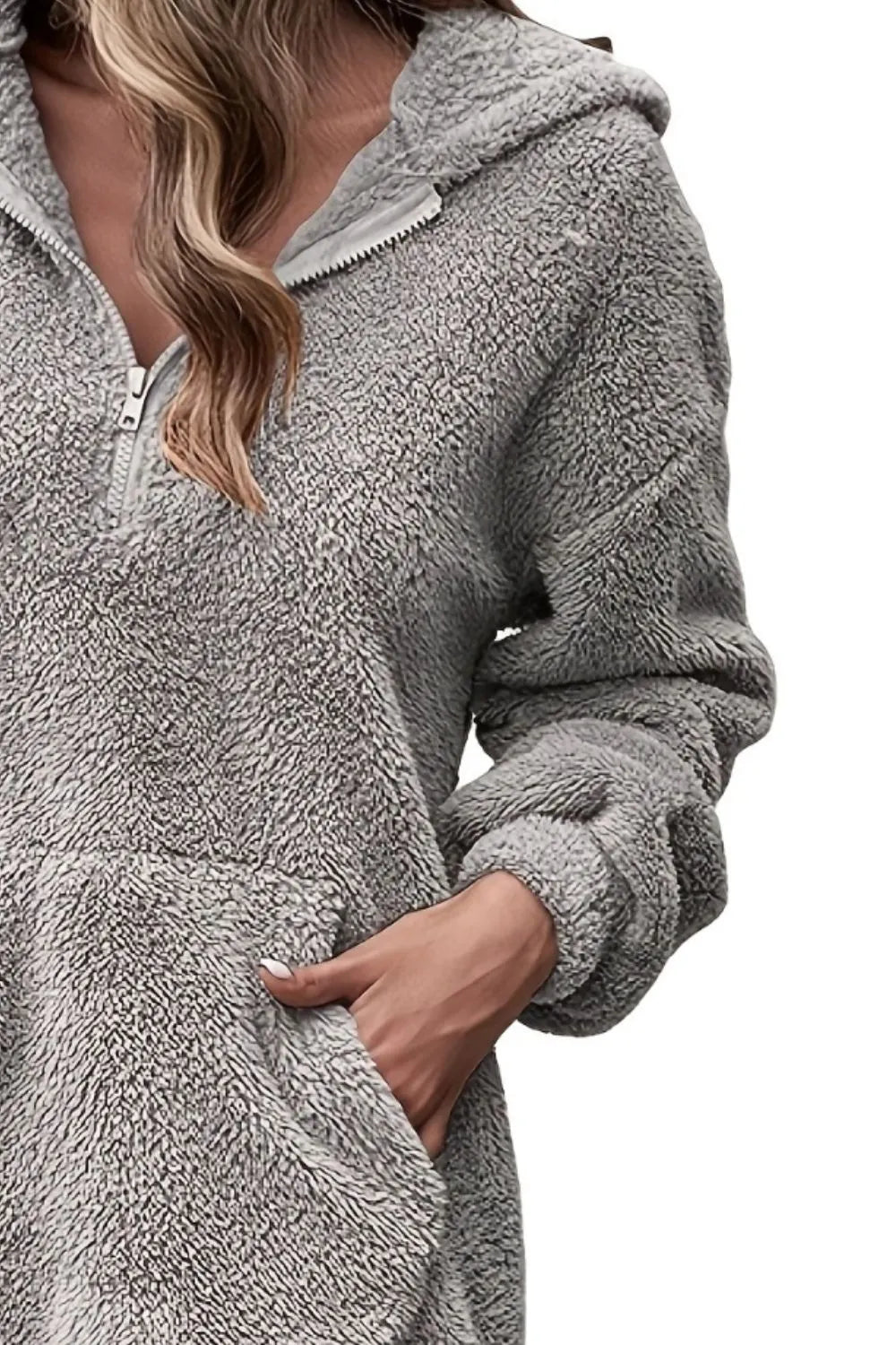 Half-zip dropped-shoulder oversized hoodie in gray sleeve detail
