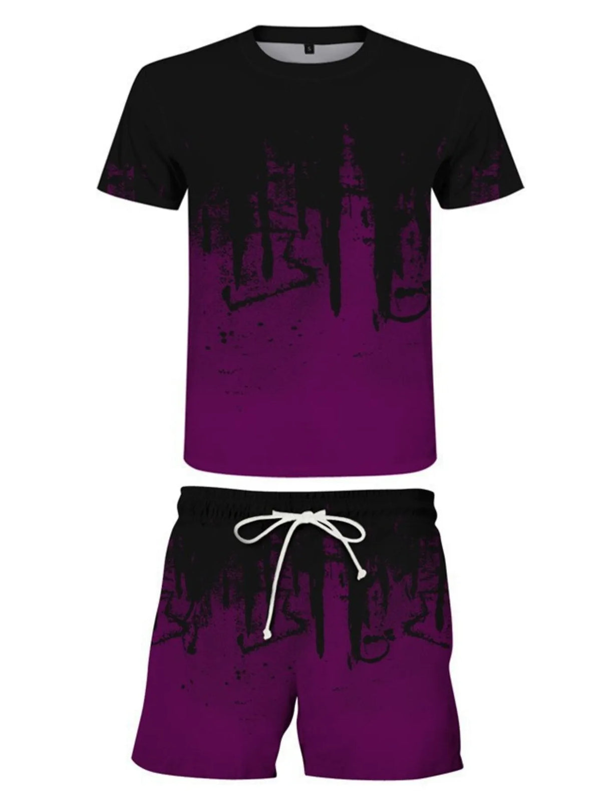 Black and purple graphic short-sleeve shirt with matching drawstring shorts