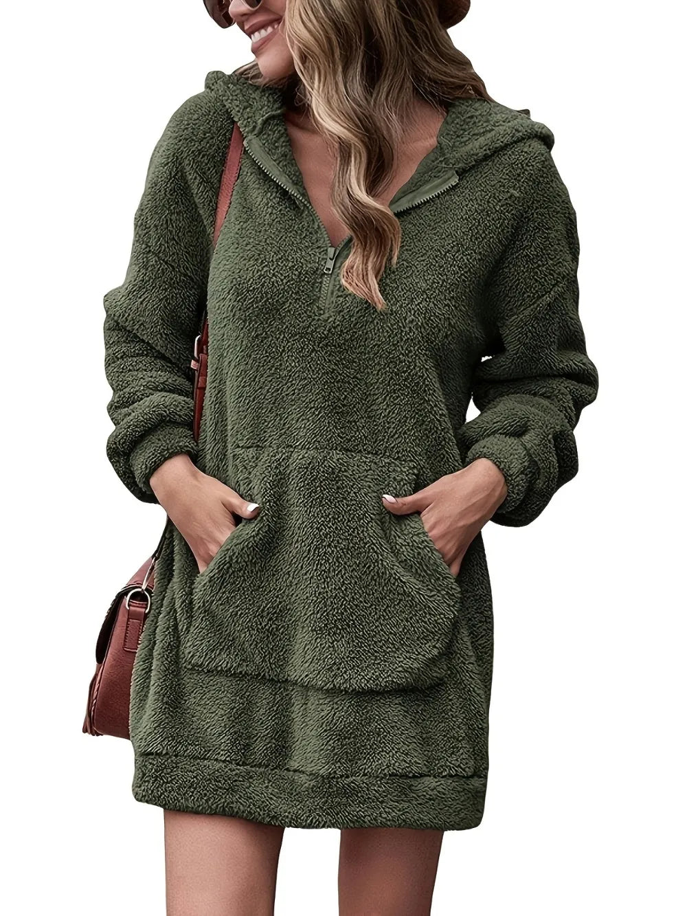 Half-zip dropped-shoulder oversized hoodie in olive front view