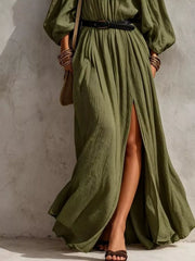 Full-length view of moss-green off-shoulder maxi dress with high side slit