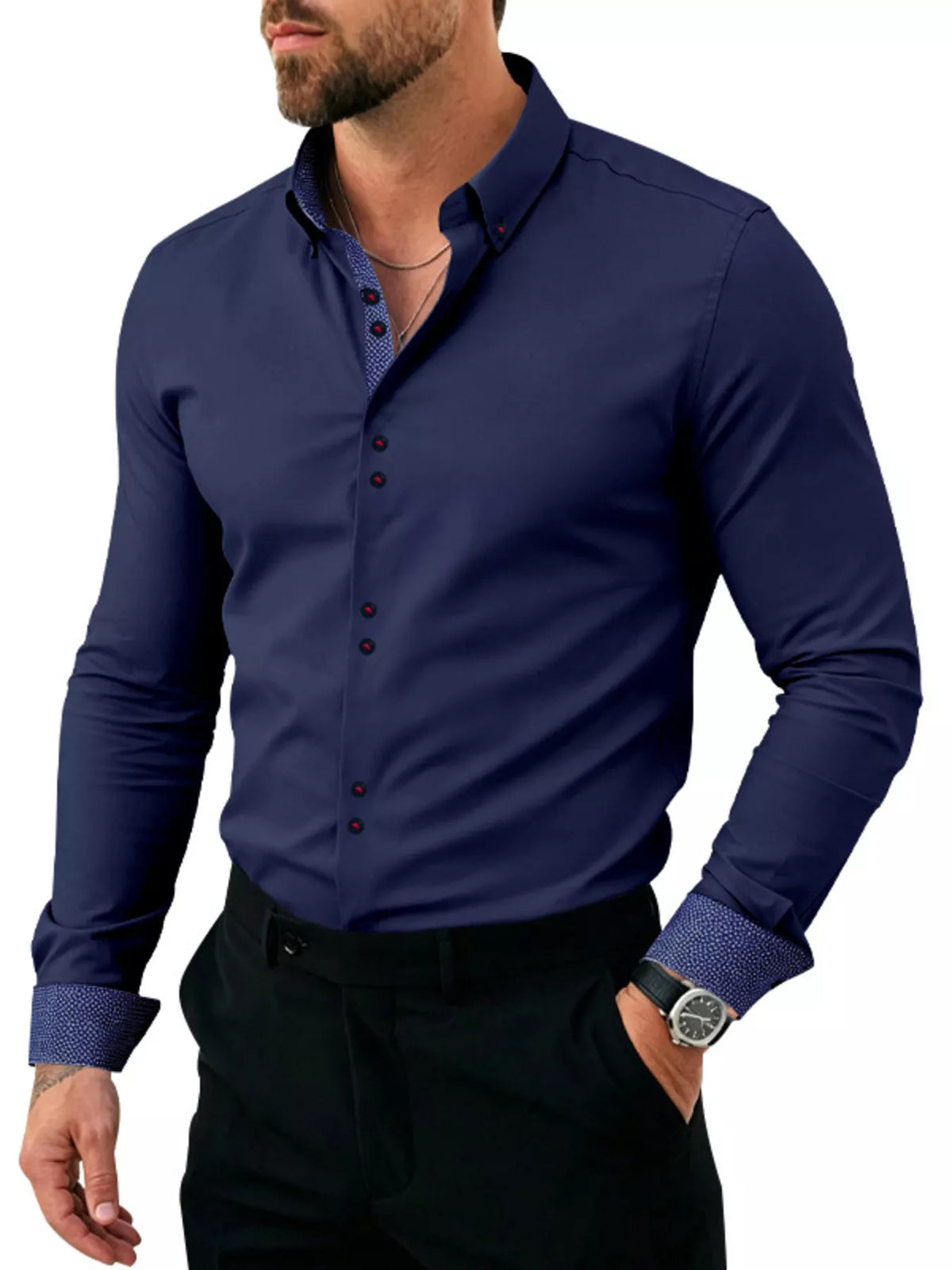 Model wearing light blue shirt with contrast inner placket and patterned cuffs