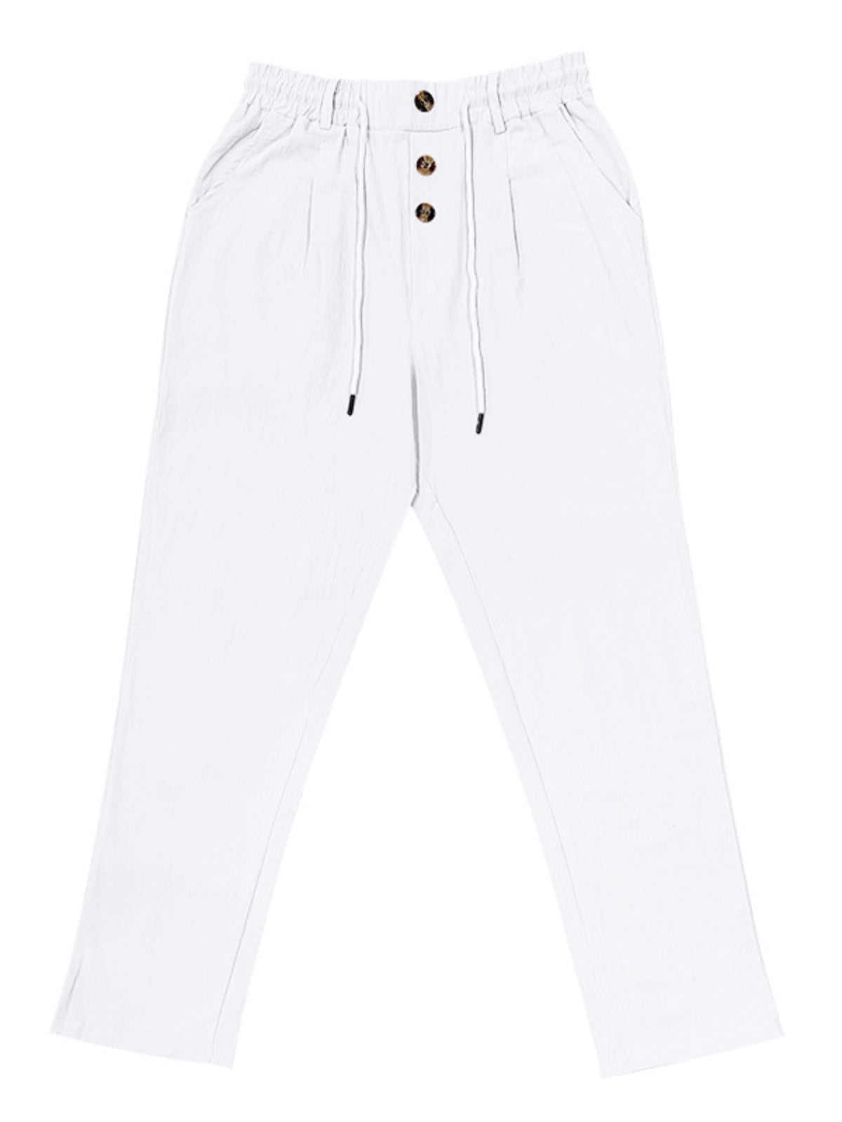 White pants displayed flat from the front with three-button closure