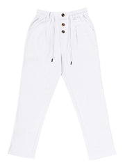 White pants displayed flat from the front with three-button closure