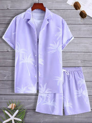 White shirt and shorts set with black palm print, front view