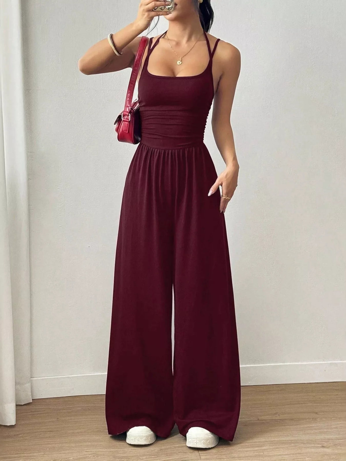 Women's spaghetti-strap wide-leg jumpsuit, burgundy front view