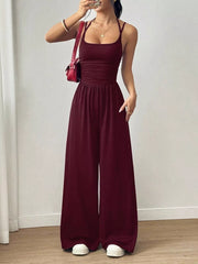 Women's spaghetti-strap wide-leg jumpsuit, burgundy front view