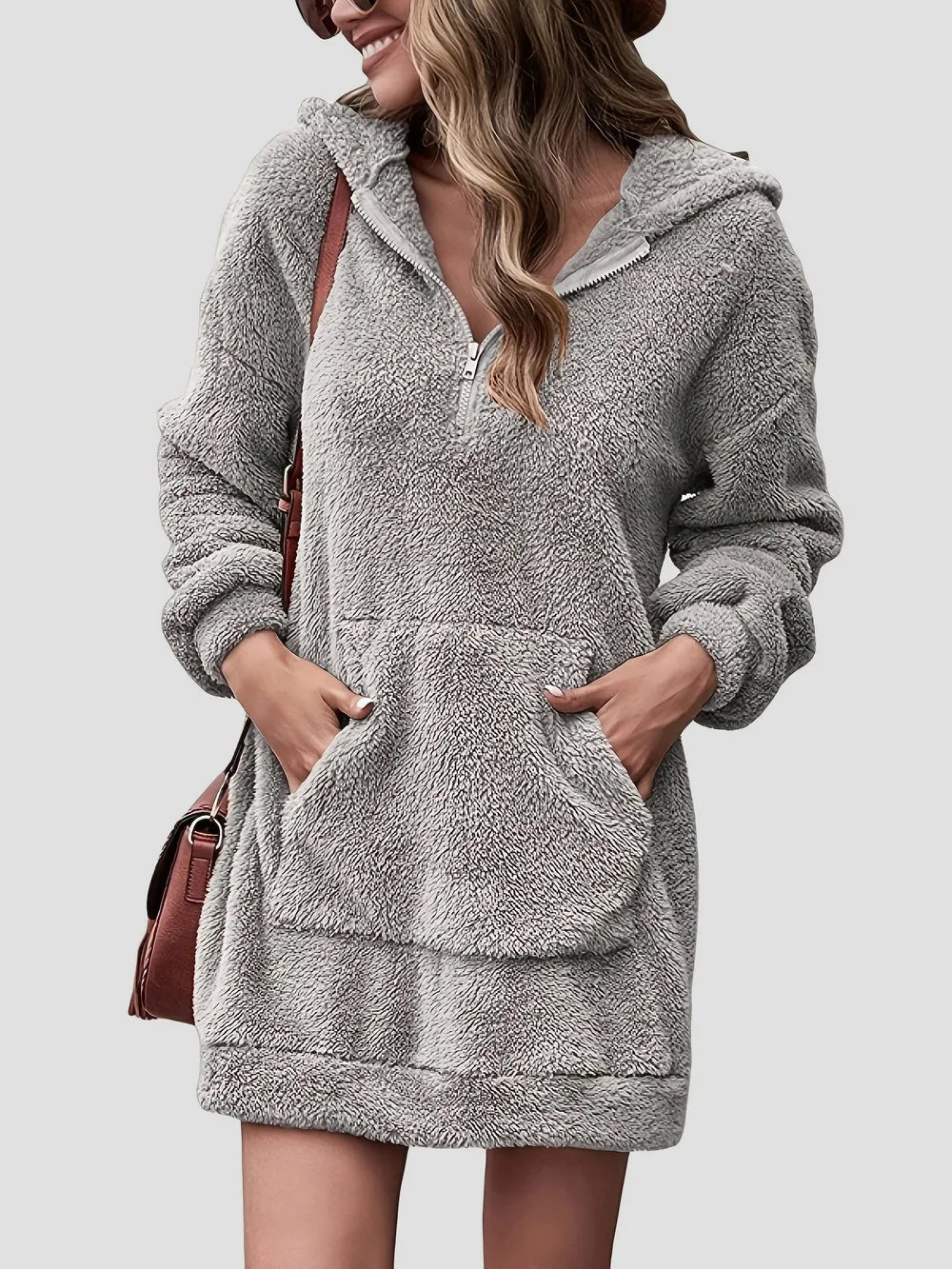 Half-zip dropped-shoulder oversized hoodie in gray front view