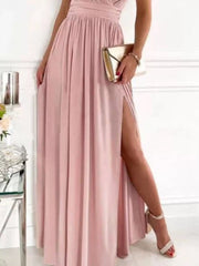 Close view of dusty pink maxi dress waist and high front slit
