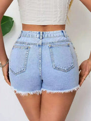 Back view of light-wash denim shorts with two pockets and frayed hems
