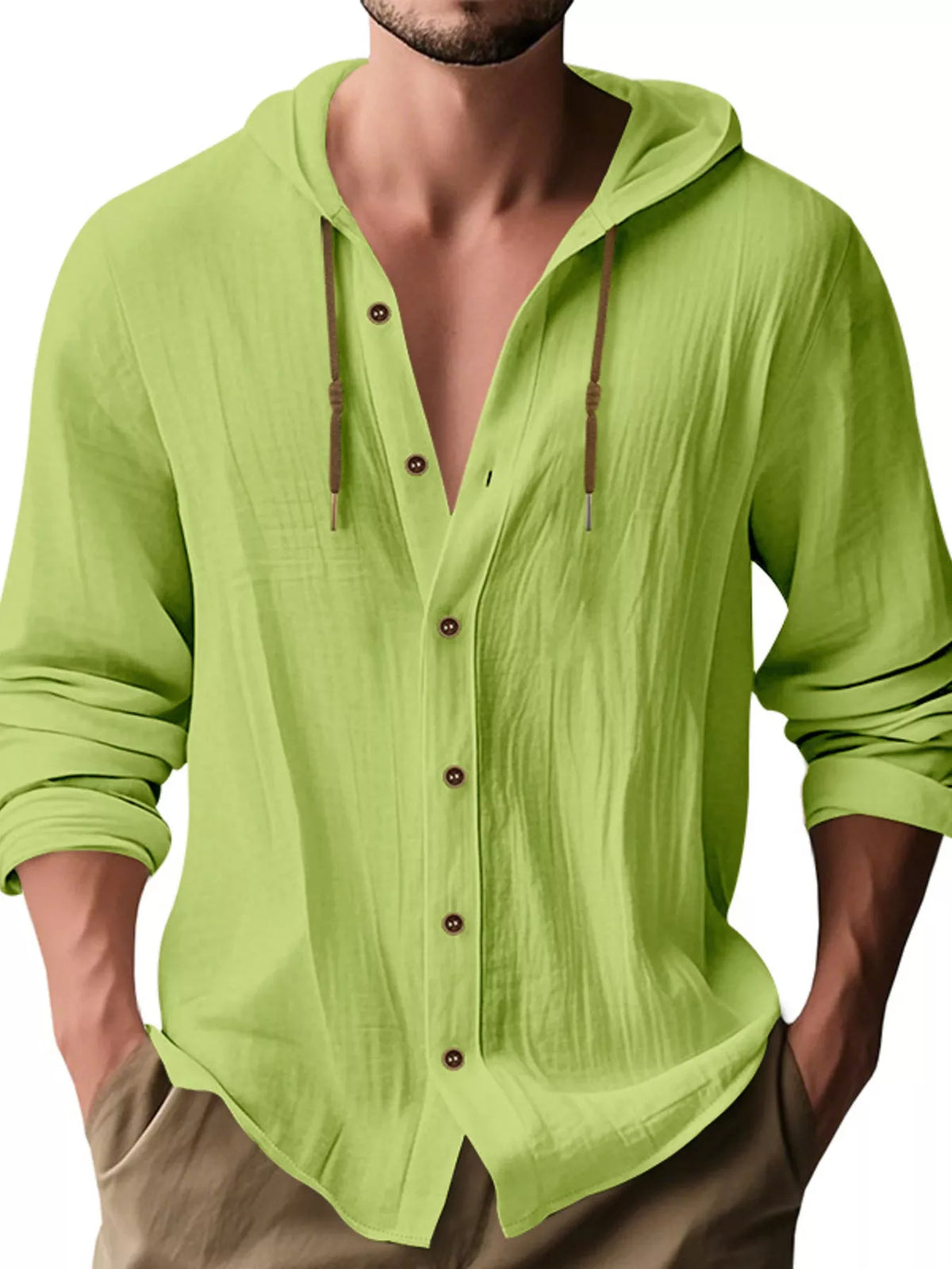 Model wearing lime green hooded button-up shirt