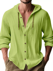 Model wearing lime green hooded button-up shirt