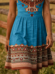 Close view of blue skirt and patterned hem