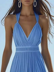 Sky-blue pleated maxi dress with sleeveless V-neck bodice, front view