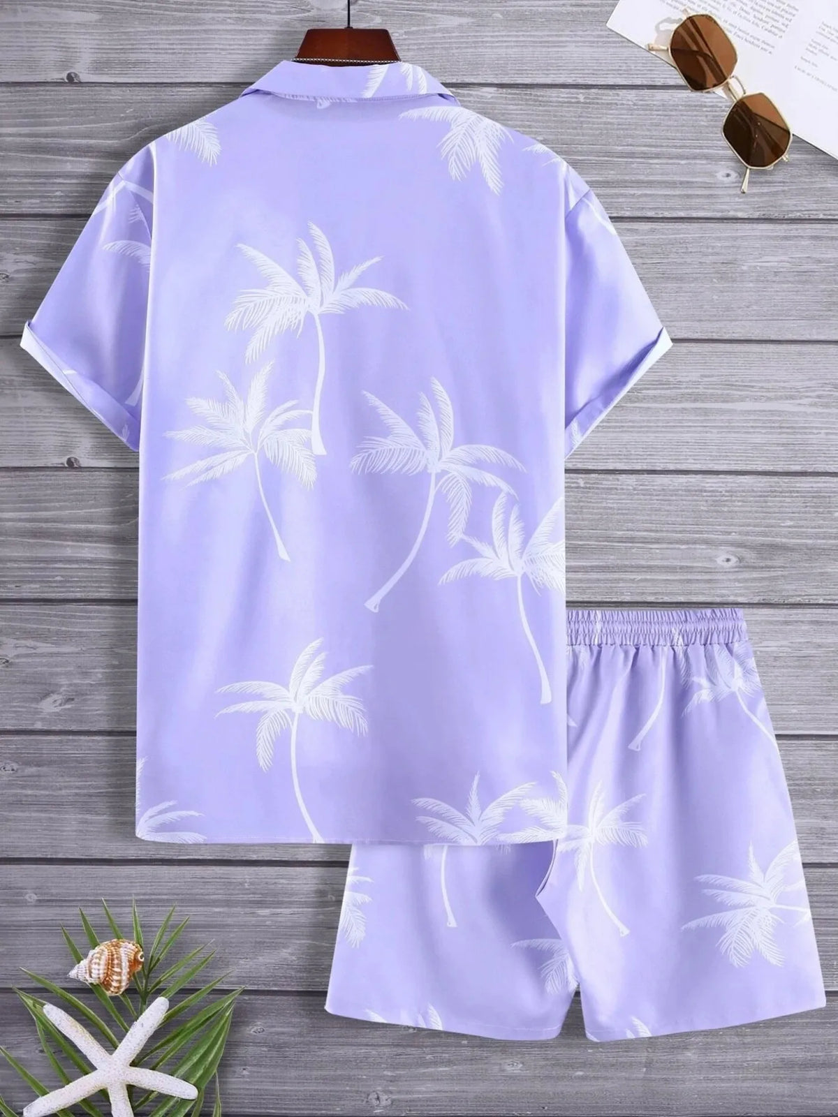 White shirt and shorts set with black palm print, back view