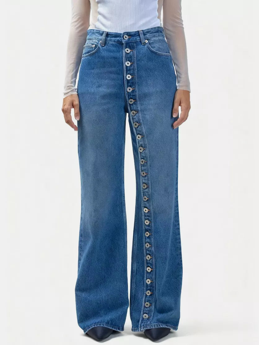 Blue wide-leg jeans with high rise and long button fly