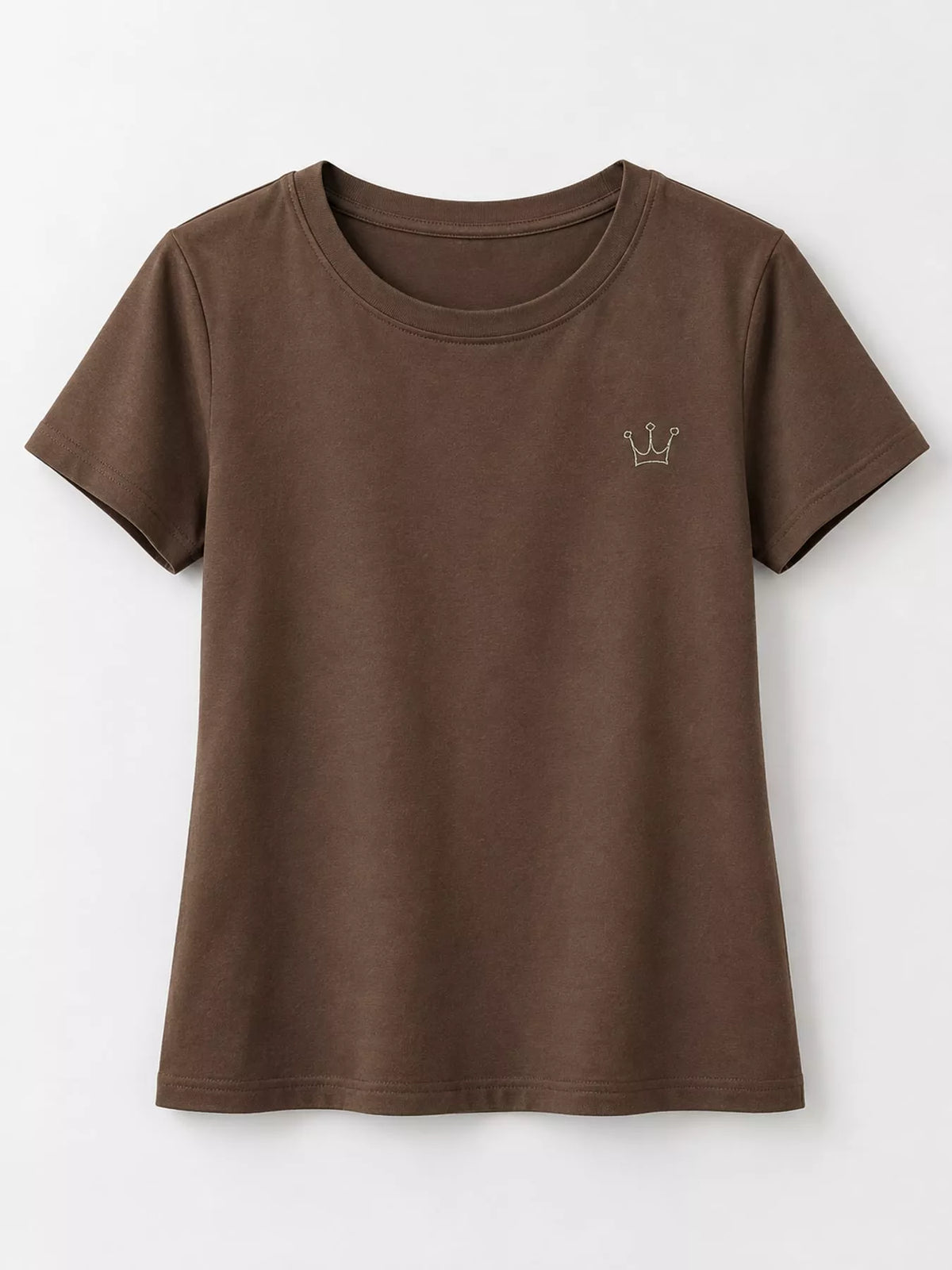 Front view of brown short-sleeve crewneck T-shirt with a small crown emblem.
