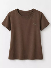 Front view of brown short-sleeve crewneck T-shirt with a small crown emblem.