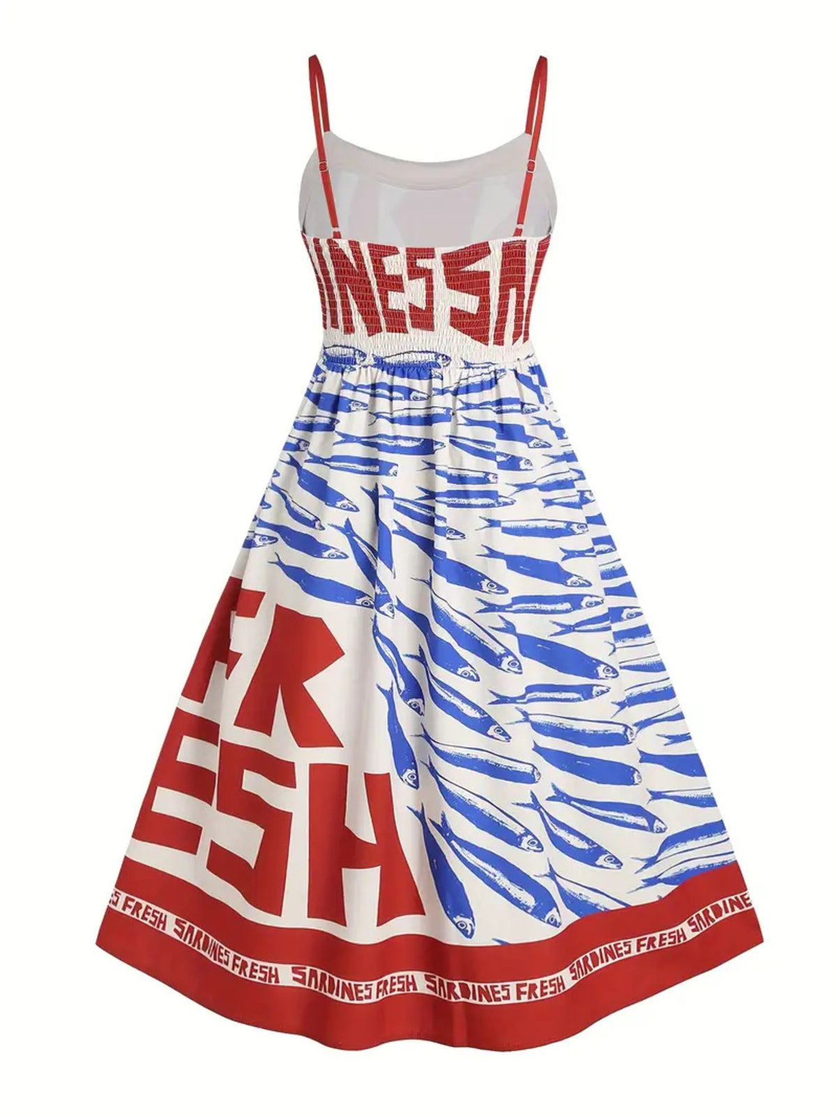 Back product view of a white midi dress with red lettering and blue sardine print.