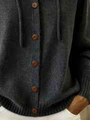 Close view of charcoal cardigan hood, drawstrings and button front