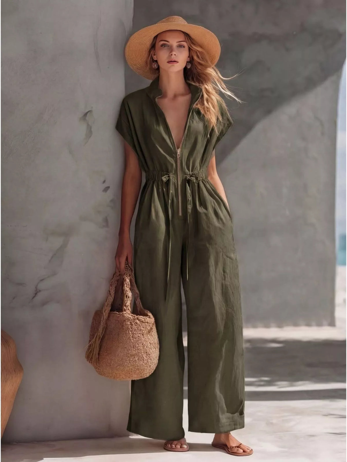 Women's zip-front wide-leg jumpsuit, olive front view