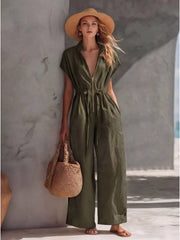 Women's zip-front wide-leg jumpsuit, olive front view