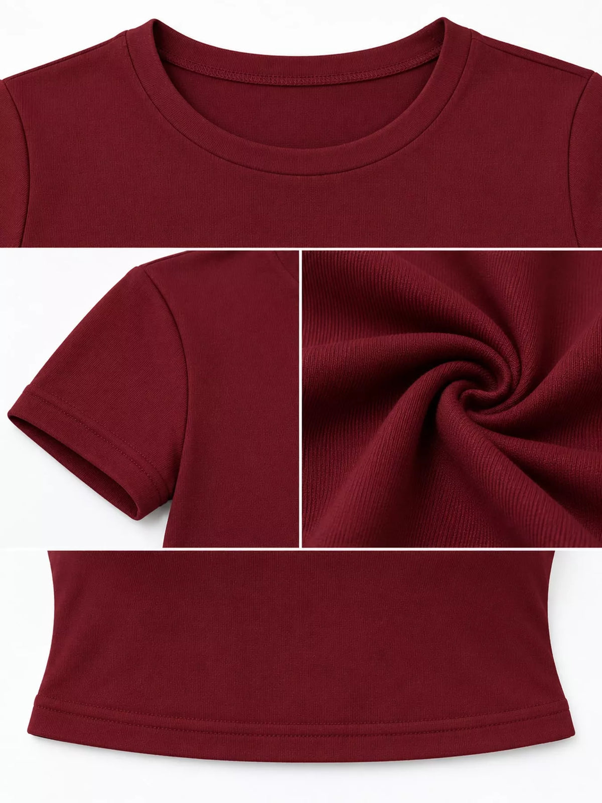 Burgundy crew-neck crop T-shirt, close-up views of neckline, sleeve, fabric and hem details.