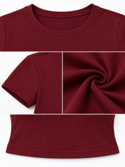 Burgundy crew-neck crop T-shirt, close-up views of neckline, sleeve, fabric and hem details.