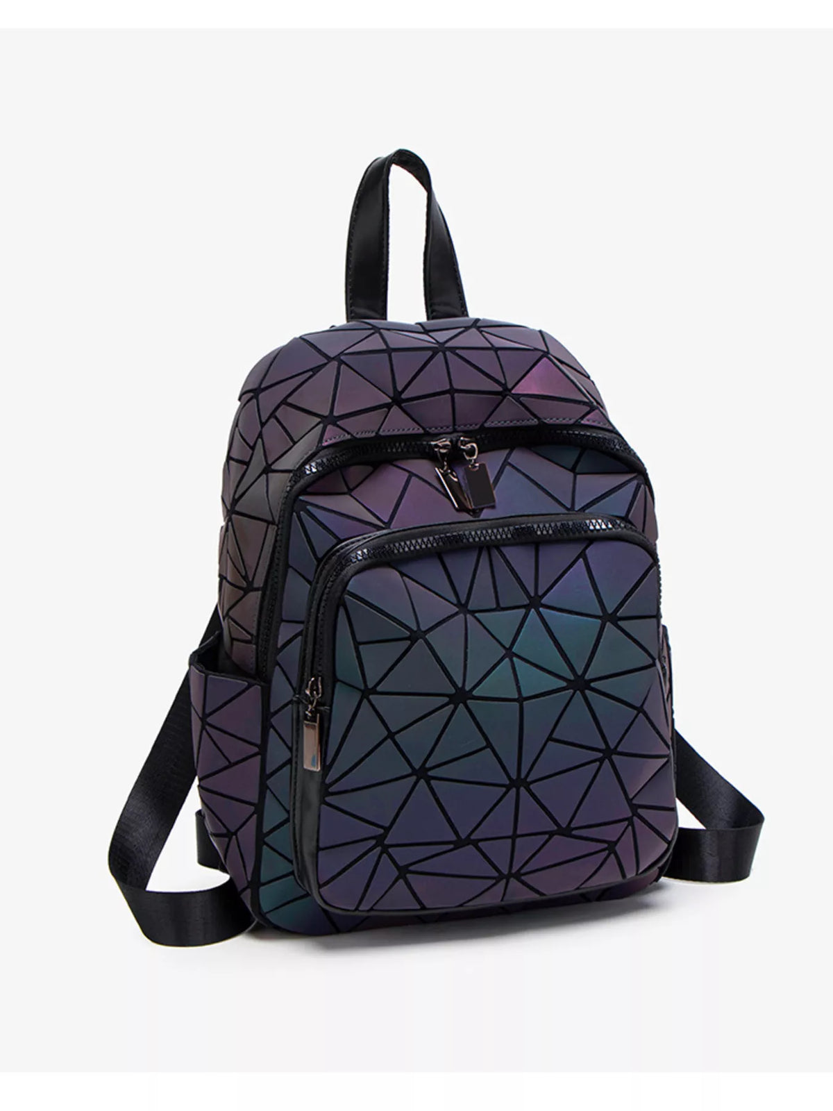 Geometric backpack with iridescent panels, straight-on front view
