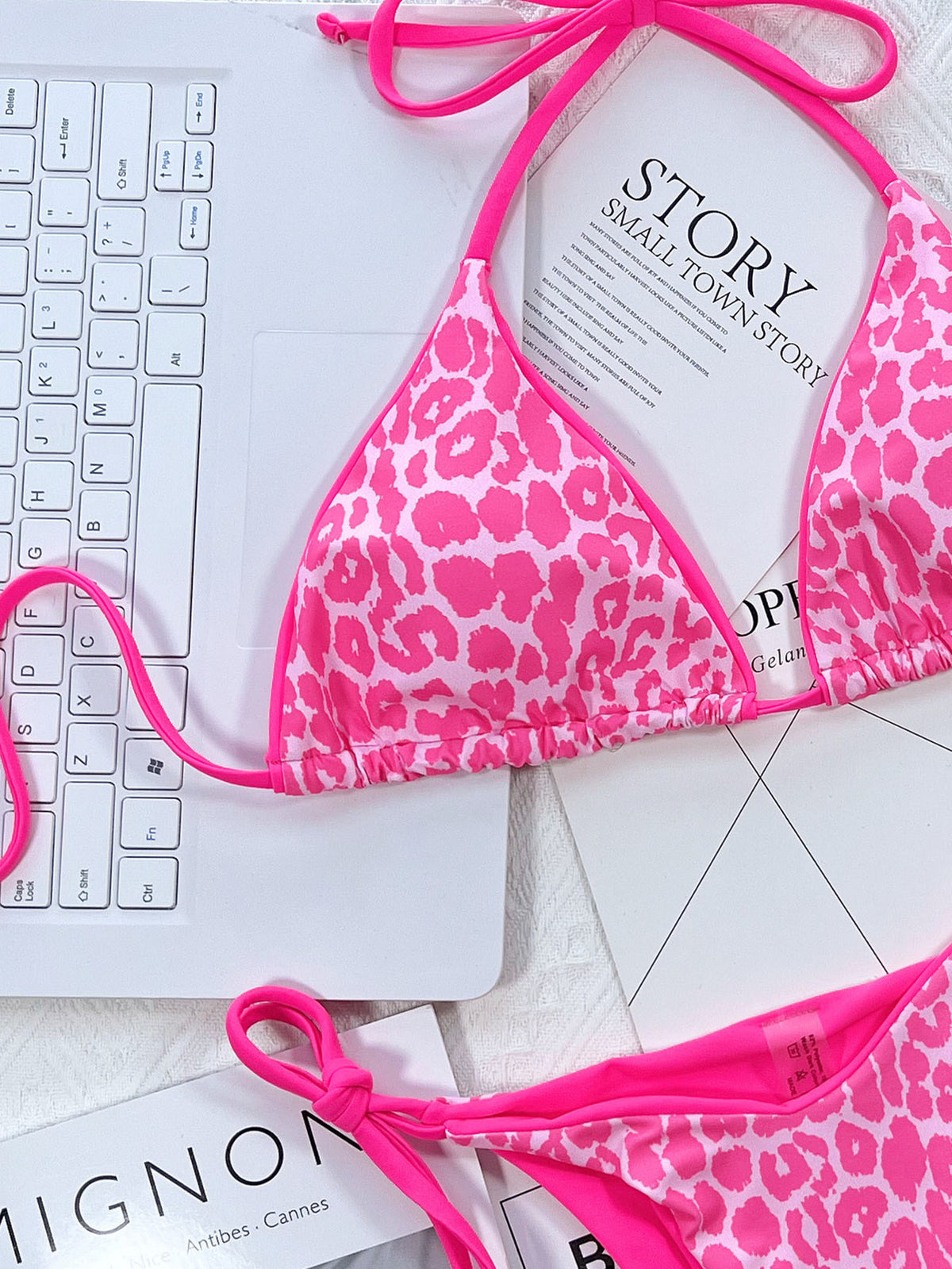 Close-up of pink leopard-print bikini top