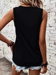 Black V-neck tank top with ribbed trim, front view