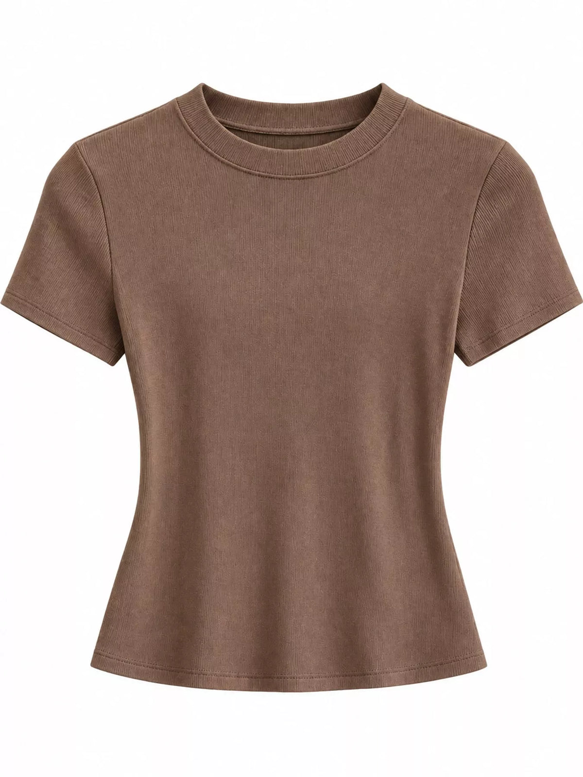 Close-up collage of the cream T-shirt neckline, sleeve, fabric, and hem.