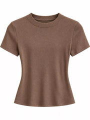 Close-up collage of the cream T-shirt neckline, sleeve, fabric, and hem.